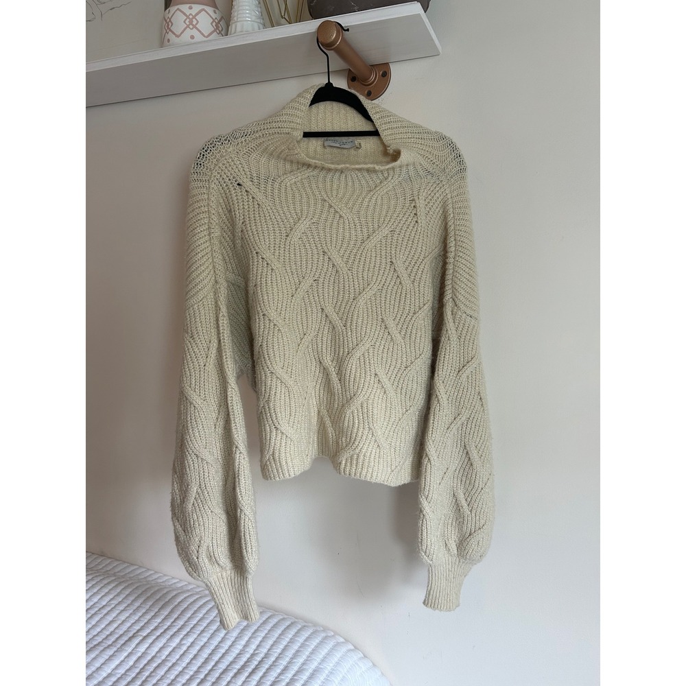 Dress Forum Los Angeles Ivory Cable Knit Mock Neck Balloon Sleeve Sweater Medium